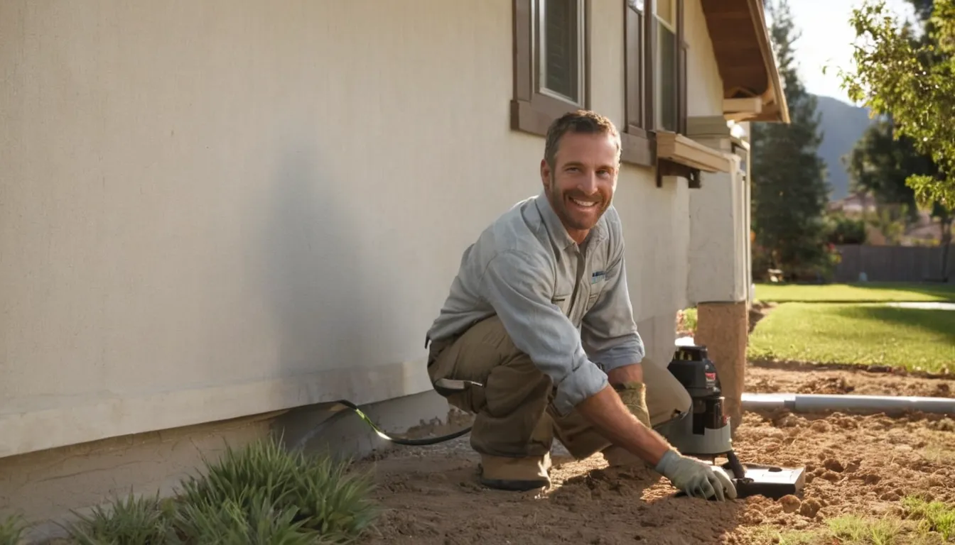 Pest control provider inspecting the foundation of a frame and stucco home in Commerce City, CO